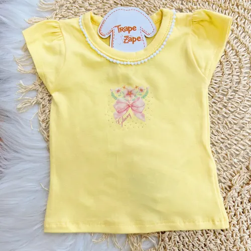 Conj. Blusa Lacinho e Short Saia Floral - Amarelo