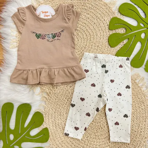 Conj. Blusa My Beautiful Heart e Calça Legging Corações de Oncinhas - Marrom e Off White