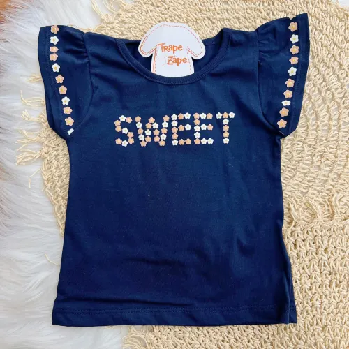 Conj. Blusa Sweet Florzinhas e Short - Marinho e Areia