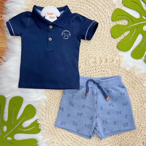 Conj. Camiseta Gola Polo Golf Country Club e Bermuda - Marinho e Azul Jeans