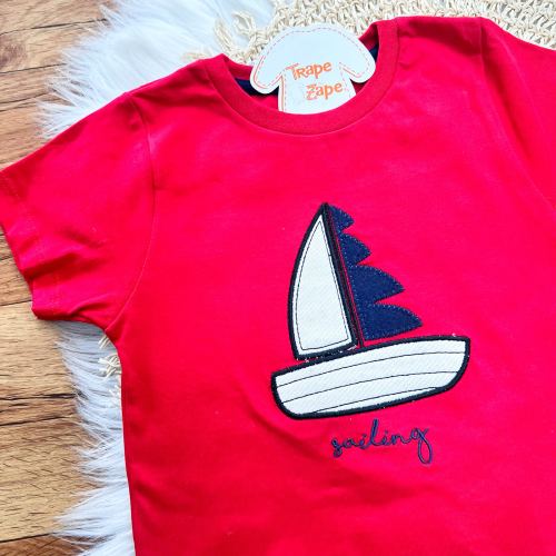 Conj. Camiseta Sailing e Bermuda em Linho - Vermelho e Areia