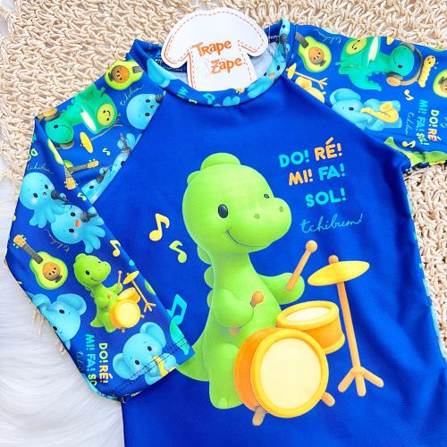 Linha Praia - Conj. Blusa Dino Do, Ré, Mi e Sunga com ProtçãoUV50+ - Marinho