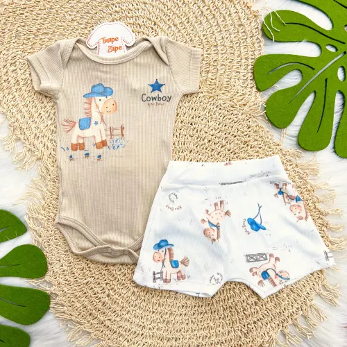 Conj. Body Cowboy e Bermuda Cavalinhos - Areia e Off White