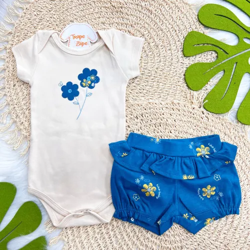 Conj. Body Duas Flores e Short Floral Tropical - Creme e Azul Petróleo 