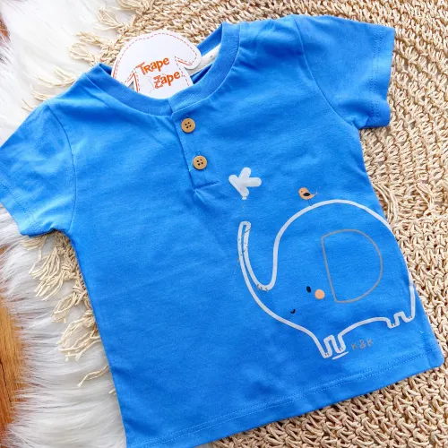 Conj. Camiseta Elefantinho e Bermuda - Azul Bebê e Areia