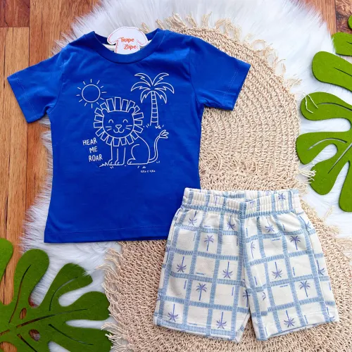 Conj. Camiseta Hear me Roar e Bermuda em Linho - Azul e Areia
