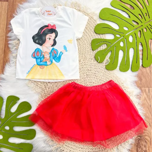  Conj. Blusa Princesa Branca de Neve e Saia em Tule - Vermelho