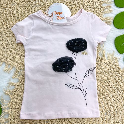 Conj Blusa Rosa e Preta e Saia de tule preto poá 