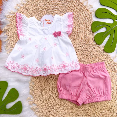 Conj. Batinha com Flores em Lese Bordado e Short - Off White e Rosa