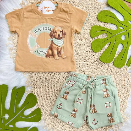 Conj. Camiseta Dog Welcome e Bermuda - Areia e Verde