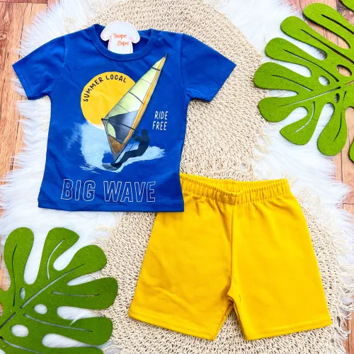 Conj. Camiseta Summer Local e Bermuda - Azul Petróleo e Mostarda
