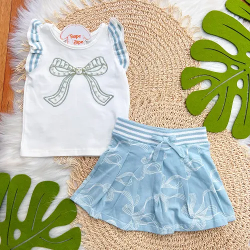 Conj. Regata com Laço Perolado e Short Saia - Verde Pastel e Off White