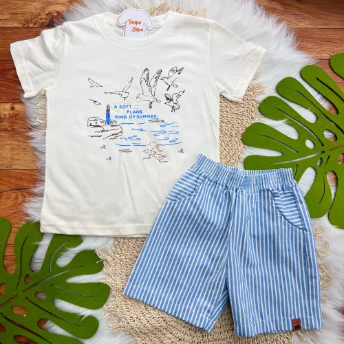  Conj. Camiseta Kind of Summer e Bermuda Listrada - Off White e Azul Bebê