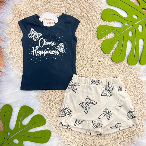  Conj. Blusa Choose Happiness e Short Borboletas - Preto e Areia