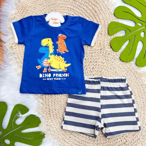 Conj. Camiseta Dino Friends e Bermuda Listrada - Marinho e Areia