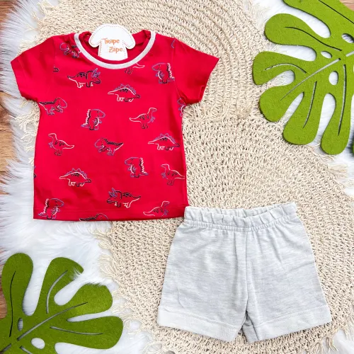 Conj. Camiseta Dinossauros e Bermuda - Vermelho e Mescla