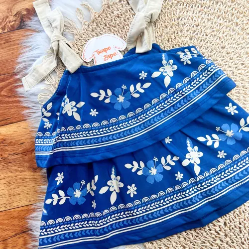  Conj. Bata Floral e Short em Linho - Azul Jeans e Areia