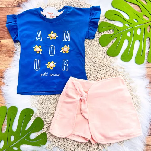 Conj. Blusa Petit Amour e Short Saia - Azul Jeans e Salmão
