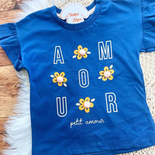 Conj. Blusa Petit Amour e Short Saia - Azul Jeans e Salmão