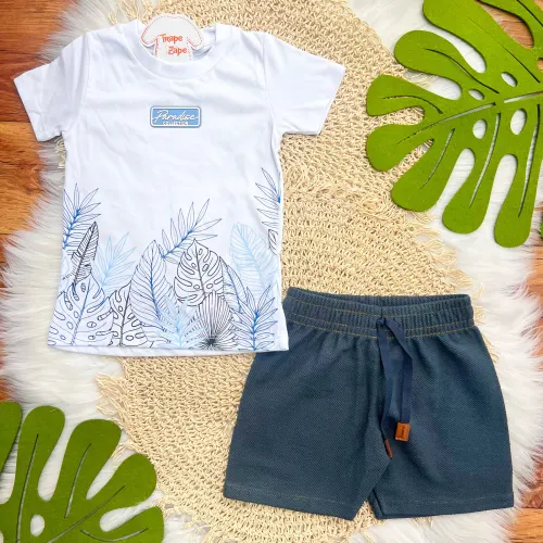 Conj. Camiseta Paradise Collection e Bermuda - Branco e Chumbo
