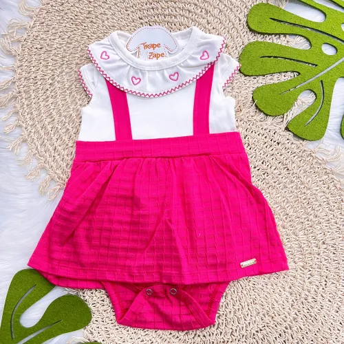 Body Vestido com Gola Bordada Corações - Off White e Pink