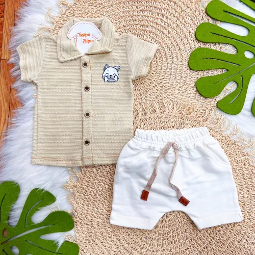 Conj. Camisa Cachorrinho e Bermuda Saruel - Areia e Off White