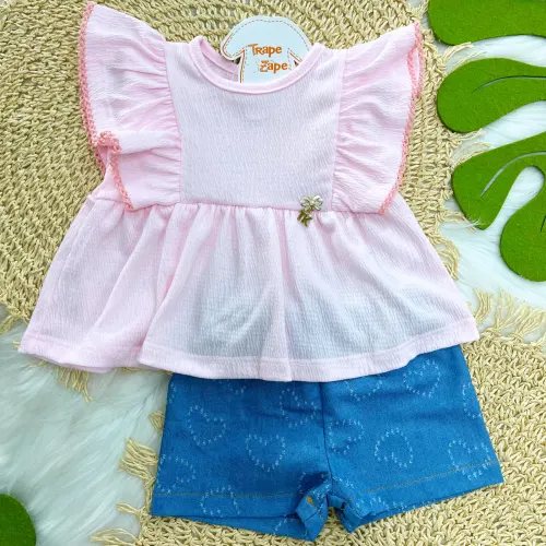 Conj. Batinha TK e Short Florzinhas - Rosa