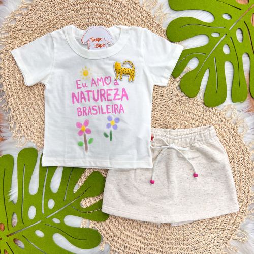 Conj. Blusa Eu amo a Natureza Brasileira e Short Saia em Linho - Off White