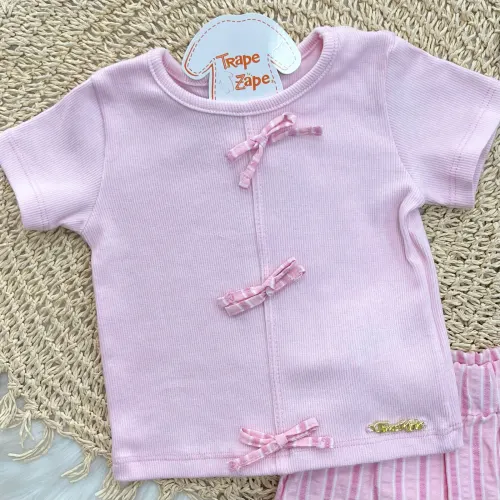 Conj. Blusa Três Lacinhos e Short Saia Listrado - Rosa
