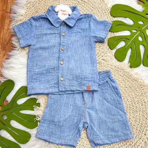 Conj. Camisa e Bermuda Jeans - Azul