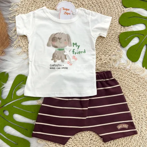 Conj. Camiseta Curiosity Dogs e Bermuda - Off White e Uva