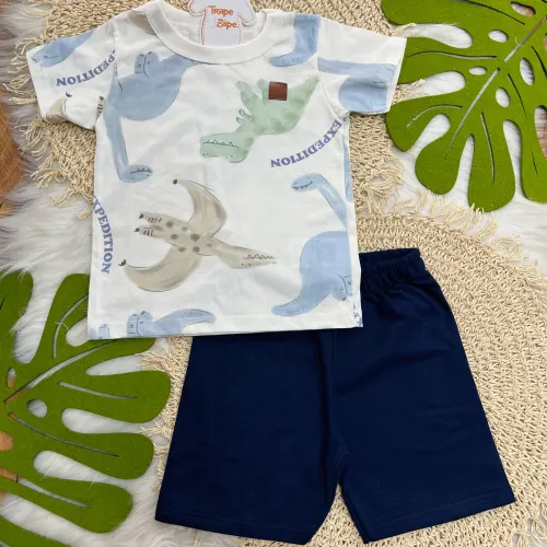 Conj. Camiseta Dinos Friend e Bermuda - Off White e Marinho