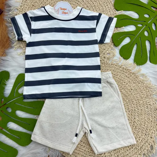 Conj. Camiseta Listrada Chumbo e Bermuda