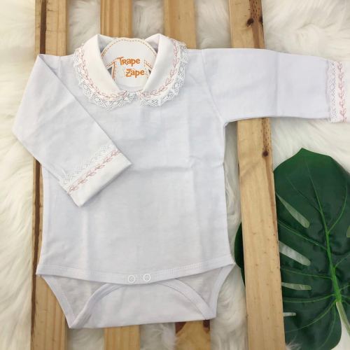 body branco com gola bordada rose com perolas