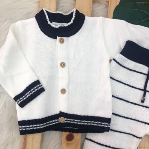 Conj de Linha Branco com Viés - Marinho e Calça Listrada