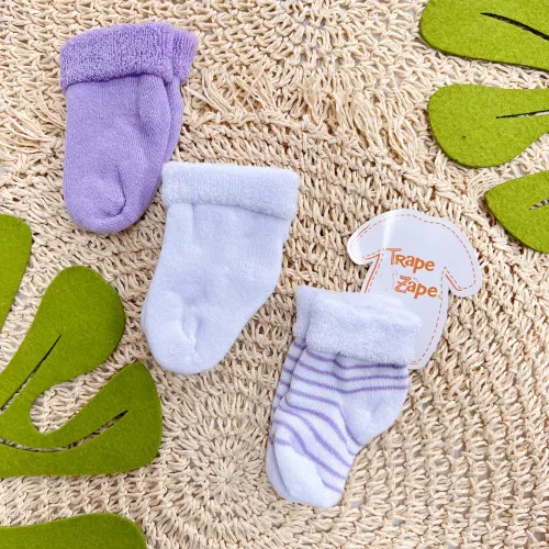  Kit 3 Meias Soquetes Trape Zape - Branco e Lilás