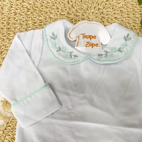  Body Branco com Gola Bordada Flores Verde Água e Planta Verde