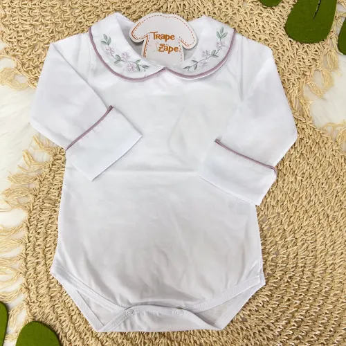 Body Branco com Gola Bordada Lilás e Planta Verde