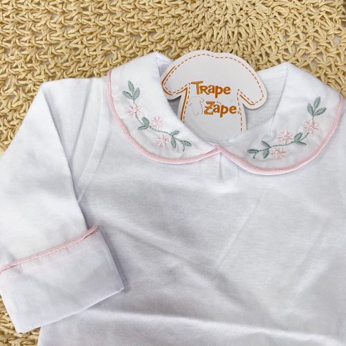  Body Branco com Gola Bordada Rosa Bebê e Planta Verde