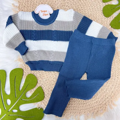 Conjunto Casaco de Linha e Calça Canelada - Azul Jeans