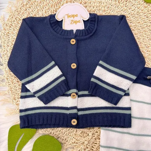 Conj de Linha Marinho Listrinha - Verde e Branco Calça Listrada 
