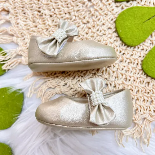 Sapato Boneca - Dourado com Laço Lateral Perolado