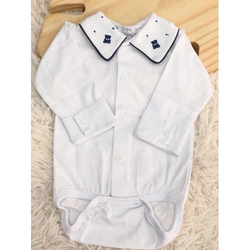 body branco com gola bordado urso pontinhos marinho