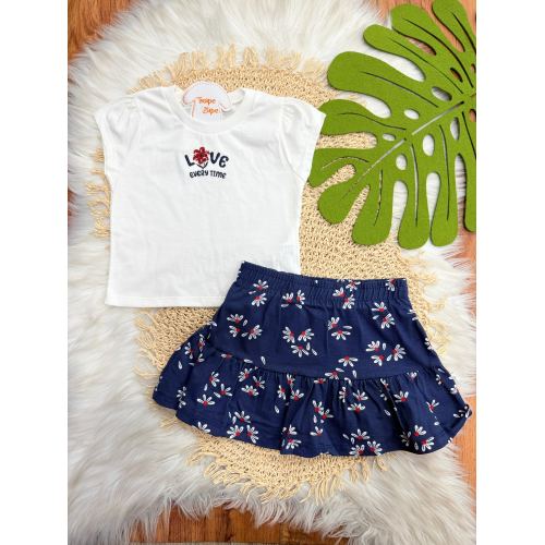 Conj. Blusa Love Every Time e Short Saia Flores - Off White e Marinho