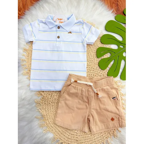  Conj. Camisa Listrada Gola Polo e Bermuda - Branco e Areia