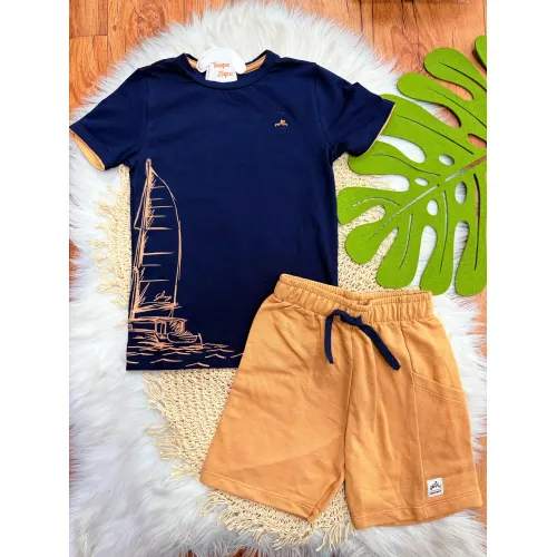 Conj. Camiseta Caravela e Bermuda - Marinho e Areia