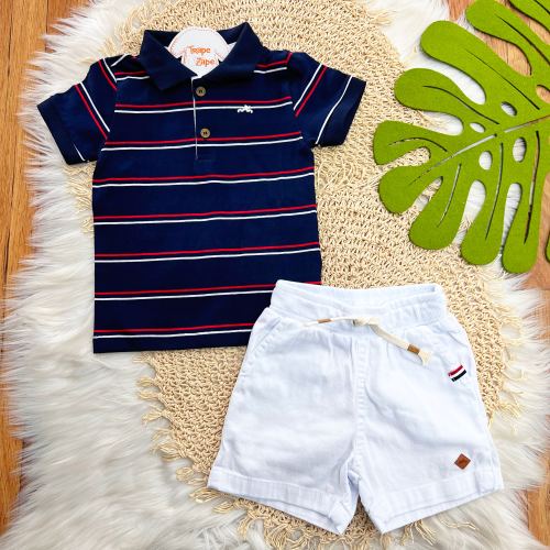 Conj. Camiseta Listrada Gola Polo e Bermuda - Marinho