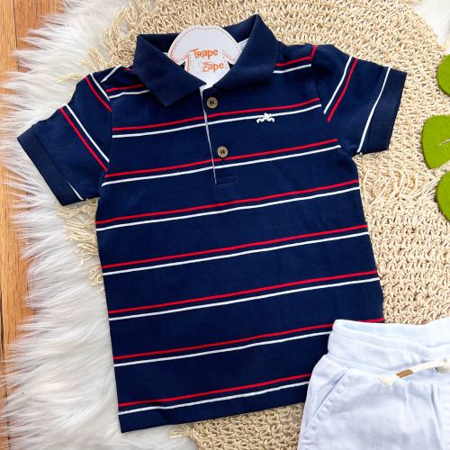 Conj. Camiseta Listrada Gola Polo e Bermuda - Marinho