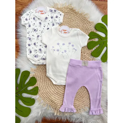  CONJ. DE MALHA 3 PEÇAS - Florzinhas de Jardim - Off White e Lilás
