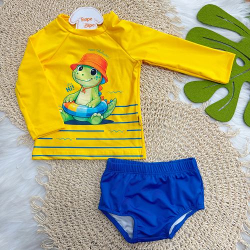 Linha Praia - Conj. Blusa Manga Longa Roar Tchimbum e Sunga com Proteção UV50+  - Amarelo e Marinho